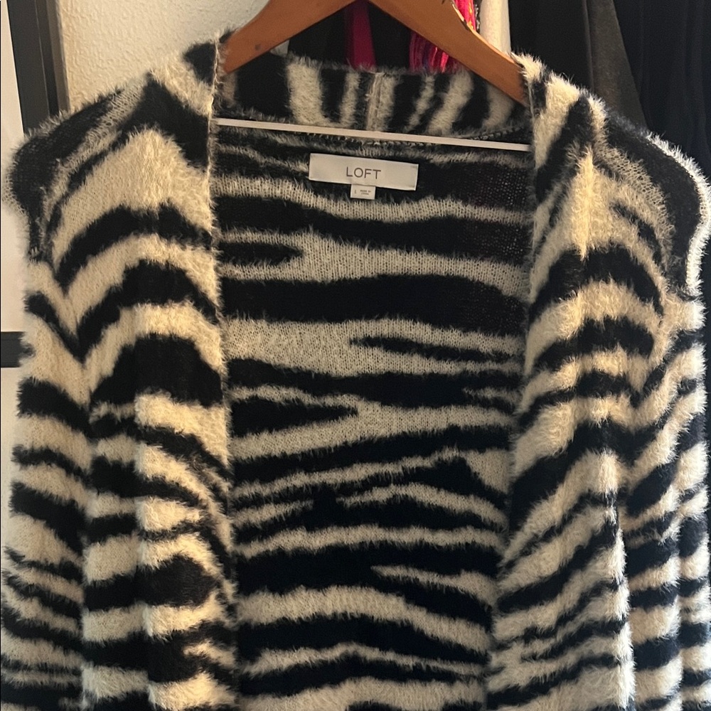 LOFT Fuzzy Black and White Striped Cardigan